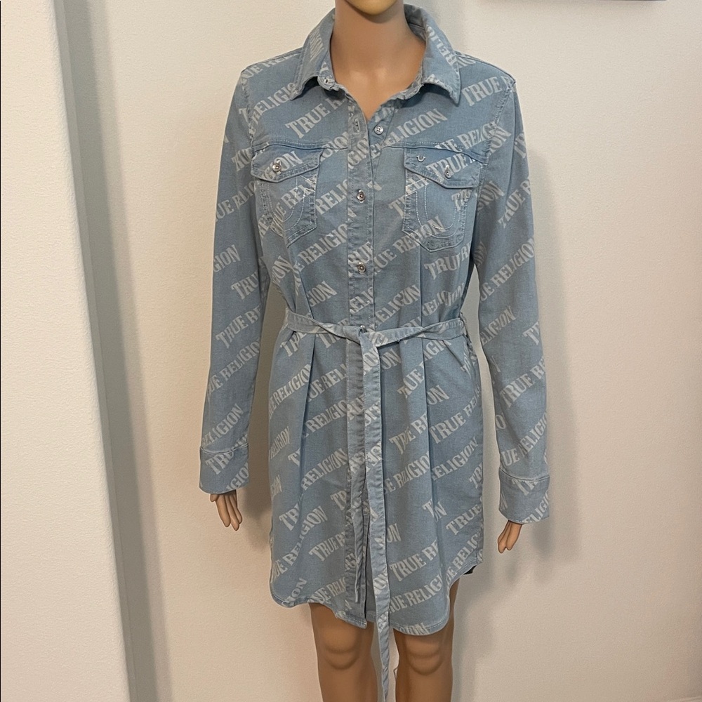 NWT True Religion Denim Logo Blue Shirt Dress - Picture 4 of 16